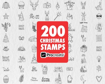 200 Christmas Procreate Stamps Brush Set, Holiday Doodle Icons (Commercial Use) (Digital Download)