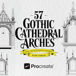 Puede incluir: Descarga digital con 57 diseños de arcos de catedral góticos en blanco y negro. La imagen incluye varias ilustraciones de arcos, el texto "57 Gothic Cathedral Arches" y una pancarta que dice "Perfect for Tattoo Artists & Designers".