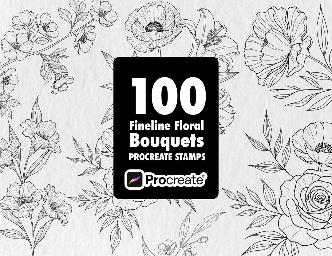 100 Fineline Floral Bouquet Stamps, Procreate Tattoo Brush Set (digital ...