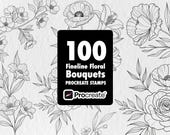 100 Fineline Floral Bouquet Stamps, Procreate Tattoo Brush Set (Digital Download)