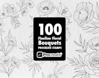 100 Fineline Floral Bouquet Stamps, Procreate Tattoo Brush Set (Digital Download)