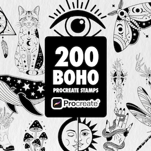 Könnte beinhalten: Schwarz-weiße Illustrationen im Boho-Stil, darunter eine Katze, ein Wal, ein Traumfänger und eine Motte. Der Text "200 BOHO PROCREATE STAMPS" und das Procreate-Logo sind ebenfalls enthalten.