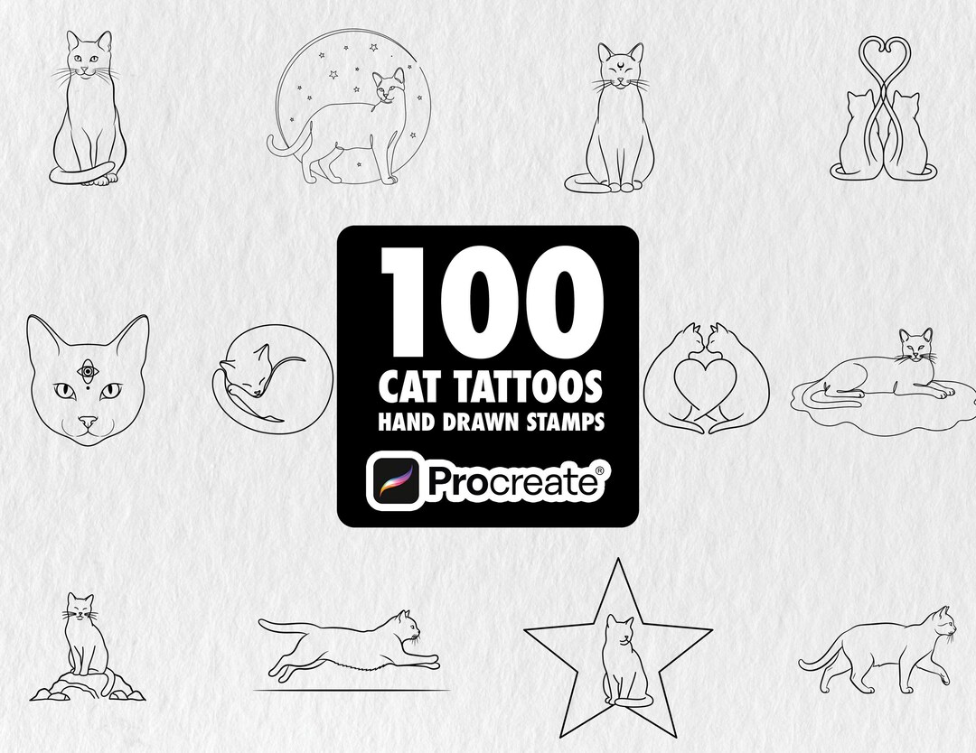 100 Cat Tattoo Procreate Stamps, Minimal Line Art Cat Brushes, Hand ...