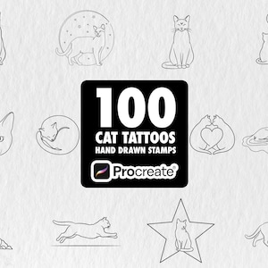 Könnte beinhalten: Eine Sammlung von 100 handgezeichneten Katzen-Tattoo-Designs in Schwarz und Weiß. Die Designs zeigen verschiedene Katzenposen, wie Sitzen, Schlafen und Springen, sowie eine Katze in einem Stern und eine Katze in einem Kreis.