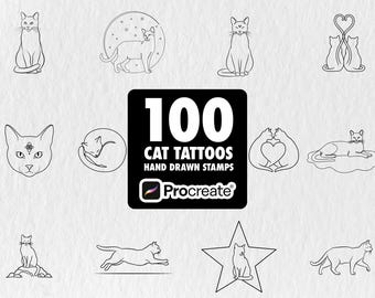 100 Cat Tattoo Procreate Stamps, Minimal Line Art Cat Brushes, Hand Drawn Cat Outline Tattoo Flash Set, Digital Download