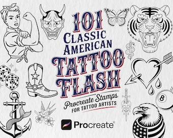 101 Classic American Tattoo Flash Procreate Stamps – Bold Line Art (Digital Download)