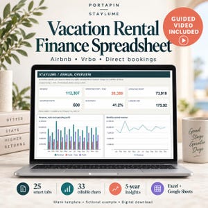 Puede incluir: Una hoja de cálculo financiera para alquileres vacacionales en la pantalla de un portátil, que muestra un panel de resumen anual con ingresos, costes operativos, beneficios y datos de ocupación, junto con gráficos financieros.