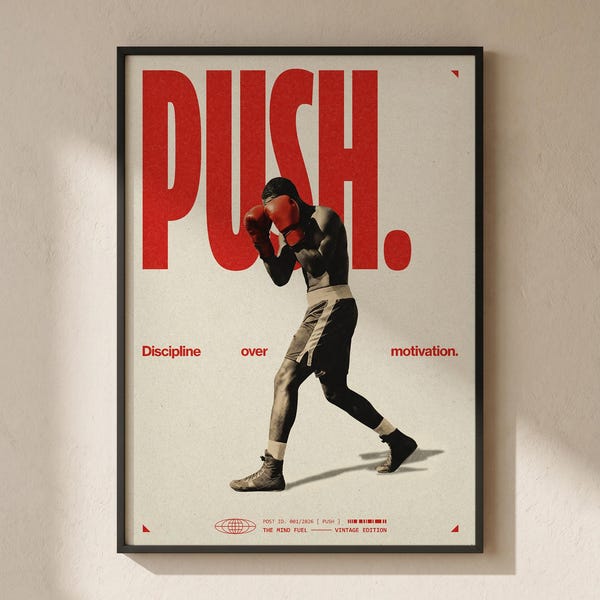 Vintage Boxer Motivational Poster, Discipline Over Motivation Print (Digital Download)
