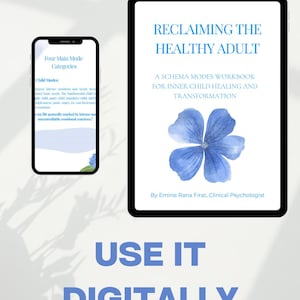 Może przedstawiać: Cyfrowy podręcznik zatytułowany "Reclaiming the Healthy Adult" wyświetlany na tablecie. Okładka zawiera niebieski kwiatowy wzór. Smartfon pokazuje "Four Main Mode Categories" i "Child Modes". Fraza "Use it Digitally" znajduje się na dole.