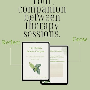 May include: Two tablets with black frames are shown against a pale green backdrop. One tablet displays the cover of "The Therapy Journey Compass" with a leaf illustration. The other tablet shows a page from an "Emotional Glossary". Text reads "Your companion between therapy sessions."