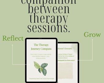 May include: Two tablets with black bezels are displayed against a light green background. One tablet shows the cover of "The Therapy Journey Compass" with a leaf illustration. The other tablet displays a page from an "Emotional Glossary". Text reads "Your companion between therapy sessions."