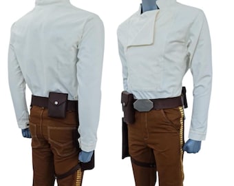 May include: A white long-sleeve shirt with a mandarin collar and brown pants. The pants have a gold stripe down the side and a brown belt with a silver buckle. A brown holster is attached to the belt.