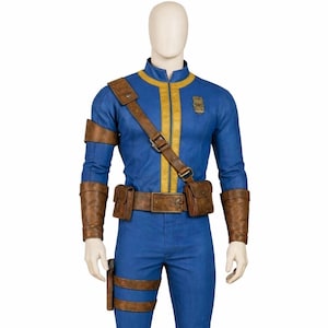 May include: A blue jumpsuit with a yellow stripe down the front, brown leather accents, and a matching belt. The costume includes a shoulder strap, armbands, and pouches. The outfit is displayed on a mannequin.