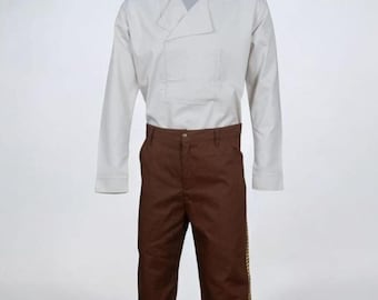 May include: A white long-sleeved shirt with a unique asymmetrical collar and a brown pair of pants. The pants have a decorative stripe down the side. The outfit is displayed on a white background.
