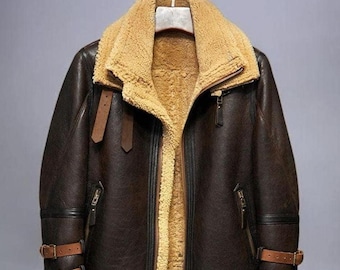 Men’s Sheepskin Brown Aviator Jacket | Vintage Shearling Leather Coat | Warm Winter Pilot Jacket