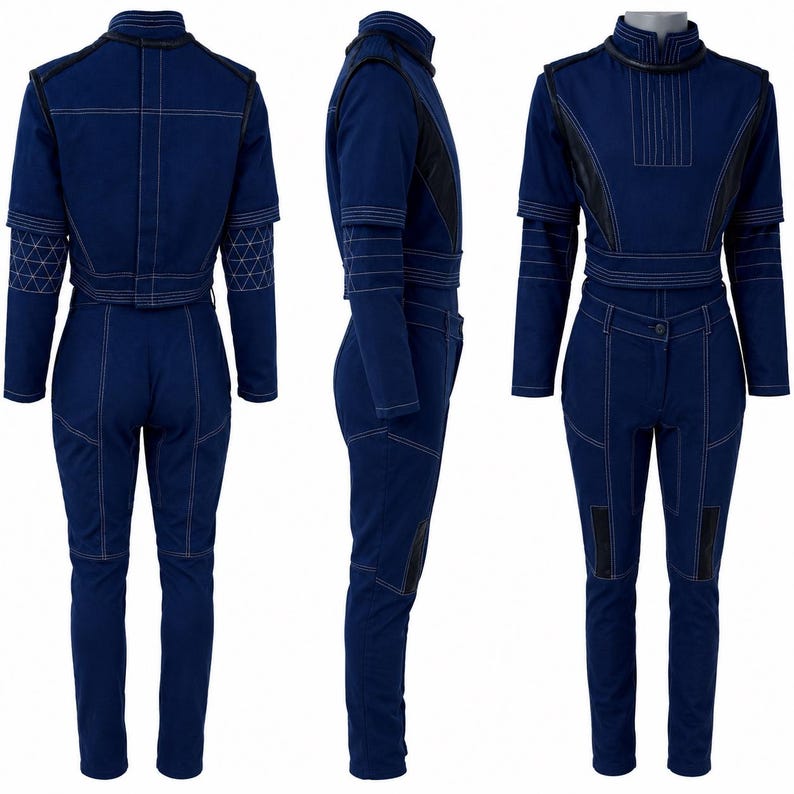 May include: A navy blue jumpsuit with white stitching and black accents. The jumpsuit features a high collar, long sleeves, and fitted pants. The design includes geometric patterns on the sleeves and knee patches.