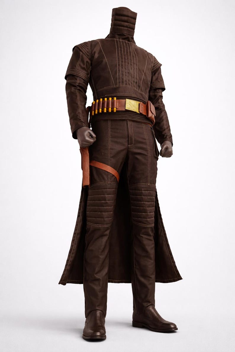 Puede incluir: Un disfraz marr&oacute;n con una chaqueta de cuello alto, pantalones y botas. La chaqueta tiene costuras verticales y los pantalones tienen secciones de rodilla acolchadas. Un cintur&oacute;n marr&oacute;n con detalles dorados y una funda completan el atuendo.