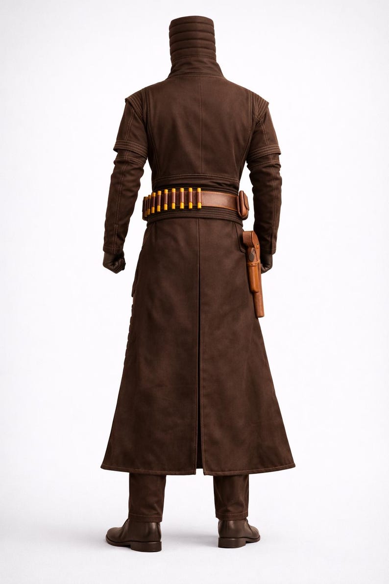 Puede incluir: Un disfraz marr&oacute;n que presenta un abrigo largo, pantalones y una chaqueta de cuello alto. El atuendo incluye un cintur&oacute;n marr&oacute;n con detalles amarillos y una funda. El disfraz est&aacute; dise&ntilde;ado con una est&eacute;tica futurista o de ciencia ficci&oacute;n.