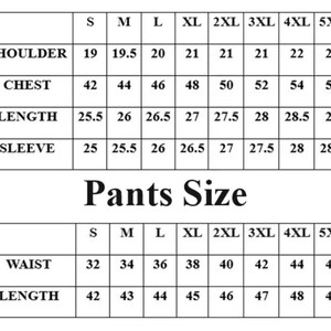 Puede incluir: Tabla de tallas de ropa con medidas de hombro, pecho, largo y manga, adem&aacute;s de cintura y largo de pantal&oacute;n. Tallas de la S a la 5XL, medidas en pulgadas.