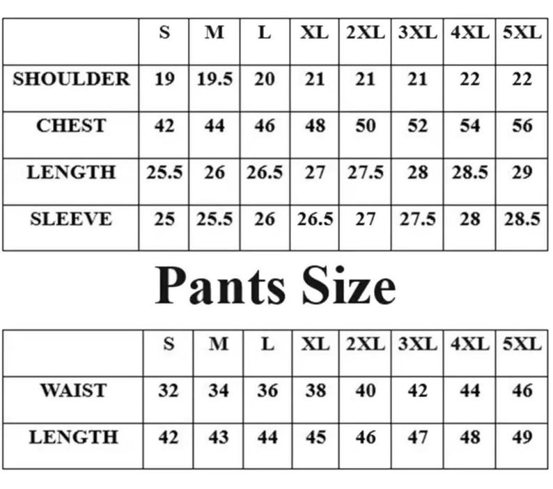Puede incluir: Tabla de tallas de ropa con medidas de hombro, pecho, largo y manga, adem&aacute;s de cintura y largo de pantal&oacute;n. Tallas de la S a la 5XL, medidas en pulgadas.