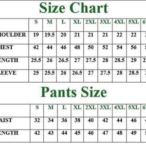 May include: A size chart for clothing, with measurements for shoulders, chest, length, and sleeves. The chart includes sizes from S to 6XL, with measurements in inches. A separate section details pants sizes, including waist and length, also in inches.