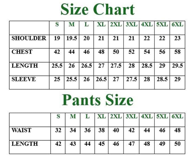 Puede incluir: Una tabla de tallas de ropa con medidas de hombros, pecho, largo y manga. La tabla tambi&eacute;n incluye tallas de pantal&oacute;n para cintura y largo, con tallas de la S a la 6XL. El texto "Size Chart" y "Pants Size" est&aacute;n en la parte superior.