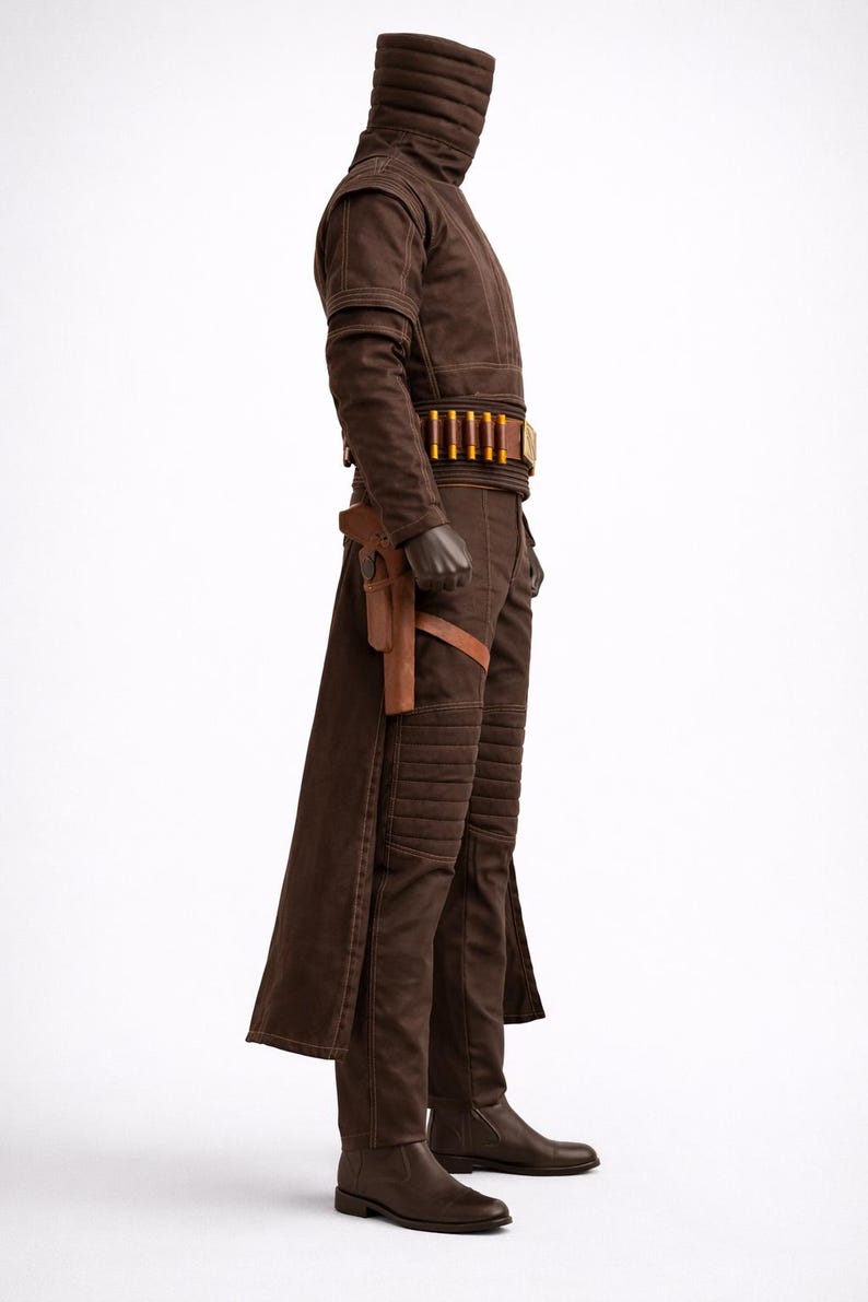 Puede incluir: Traje marr&oacute;n con chaqueta de cuello alto, pantal&oacute;n a juego y botas. El atuendo incluye un cintur&oacute;n con detalles dorados y una funda. La chaqueta y el pantal&oacute;n tienen detalles acolchados.