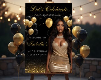 Black and Gold Birthday Welcome Sign, Elegant Party Decor (Canva Template)