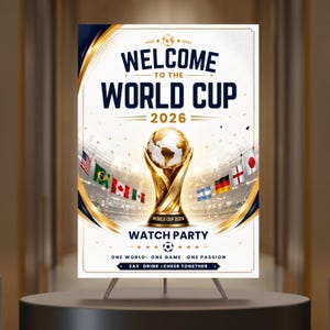 以下が含まれることがあります： 2026年ワールドカップ観戦パーティーの縦型ポスター。中央に金色のトロフィー、周囲に各国の国旗とスタジアムの背景が描かれています。テキストには「Welcome to the World Cup 2026」「Watch Party」「One World, One Game, One Passion」「Eat, Drink, Cheer Together」と書かれています。