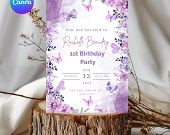Blumen Schmetterling Geburtstagseinladung Vorlage, bearbeitbar Girl Bday (digitaler Download)