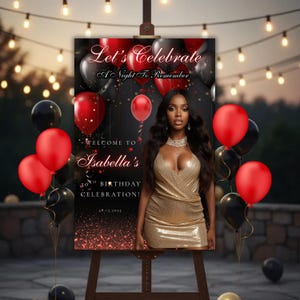 Puede incluir: Un letrero de fiesta con el texto "Let's Celebrate" y "A Night To Remember" encima de las palabras "Welcome to Isabella's 30th Birthday Celebration!" Globos rojos y negros rodean el letrero y una mujer con un vestido dorado.