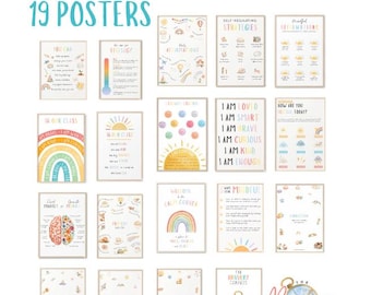 May include: A collection of 19 posters titled "The Bravery Toolkit Bundle." The posters feature colorful illustrations and text, including affirmations, self-regulating strategies, and mindful reflections. The color palette includes pastels and rainbows.