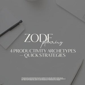 May include: A flat lay composition with a notebook, pen, and a small potted plant on a grey surface. The text reads "ZODE Planning" and "4 Productivity Archetypes - Quick Strategies". The image has a minimalist design.