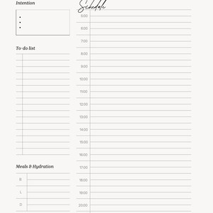 May include: A cream-coloured daily planner page with the text "Plan your day" and "Schedule." It includes sections for intentions, to-do lists, meals, hydration, and water intake. The schedule spans from 5:00 to 22:00.