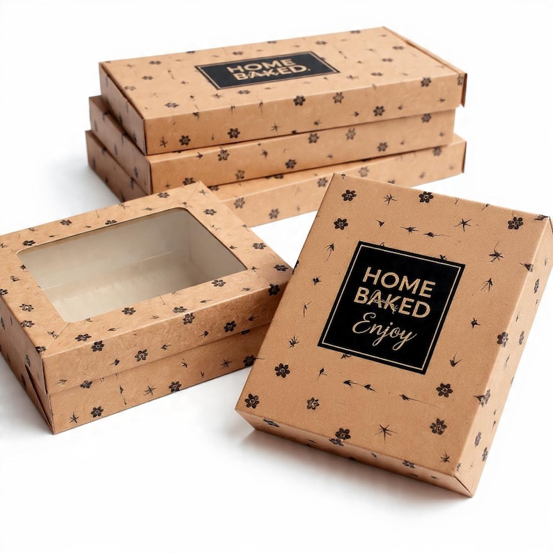May include: A stack of rectangular brown cardboard boxes and a separate square box with a clear window. The boxes feature a repeating black floral pattern and a black label with the text HOME BAKED. The square box also includes the word Enjoy.