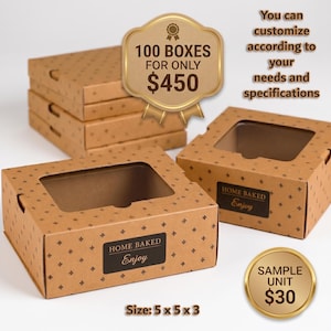 May include: Brown cardboard boxes with a clear window on top, featuring a repeating small cross pattern and a black label that reads HOME BAKED Enjoy. The boxes measure 5 x 5 x 3 inches. Text on the image includes 100 BOXES FOR ONLY $450 and SAMPLE UNIT $30.