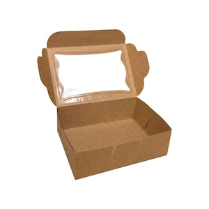 May include: A rectangular brown cardboard box with an open lid featuring a clear rectangular plastic window. The box has a flat base and four sides, with the lid attached to the back edge, showing a natural paper texture and neutral tone.