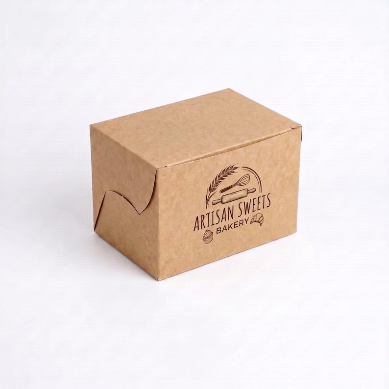 May include: A rectangular brown cardboard box with a hinged lid. The front panel features a dark brown printed logo with the text ARTISAN SWEETS BAKERY, accompanied by illustrations of a wheat stalk, a whisk, a rolling pin, and a croissant.