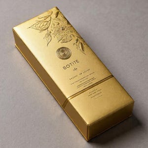 Puede incluir: Una caja rectangular dorada con diseños florales y de hojas en relieve. La caja tiene la palabra "BOTITE" impresa en la parte delantera, junto con otro texto. La caja está cerrada y tiene un acabado brillante y metálico.