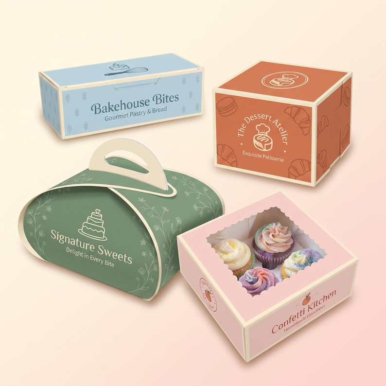 May include: Four distinct cardboard bakery boxes: a light blue rectangular box labeled Bakehouse Bites, an orange square box for The Dessert Atelier, a green arched handle box for Signature Sweets, and a pink square box containing four cupcakes.