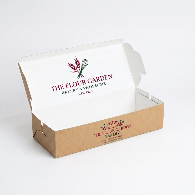 May include: A rectangular cardboard bakery box with a hinged lid, featuring a brown exterior and white interior. The lid displays the logo for The Flour Garden Bakery & Patisserie Est. 1928, while the front panel shows the bakery name and logo.