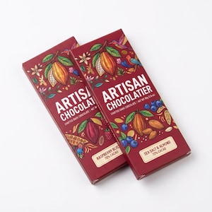 May include: Two rectangular dark red chocolate bars labeled Artisan Chocolatier. One bar is Raspberry Bliss 70% cacao, the other is Sea Salt & Almond 72% cacao. Each package features colorful illustrations of cacao pods, berries, nuts, and birds.