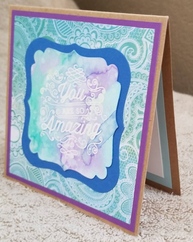 CraftNinjaStudios blank inside aqua You are so Amazing appreciation card teal /& purple watercolor with white embossed sentiment