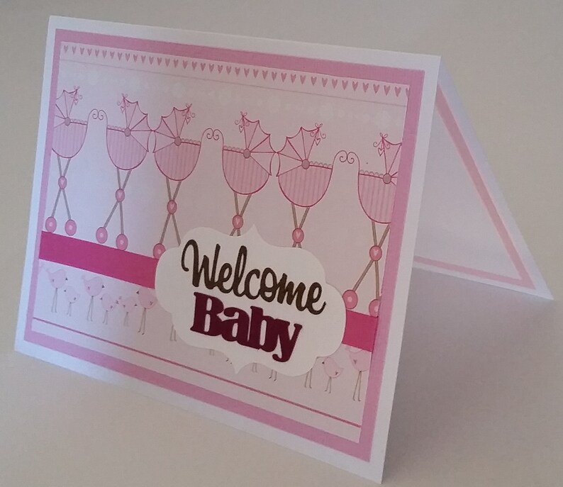 pink /& white Welcome Baby card CraftNinjaStudios blank inside