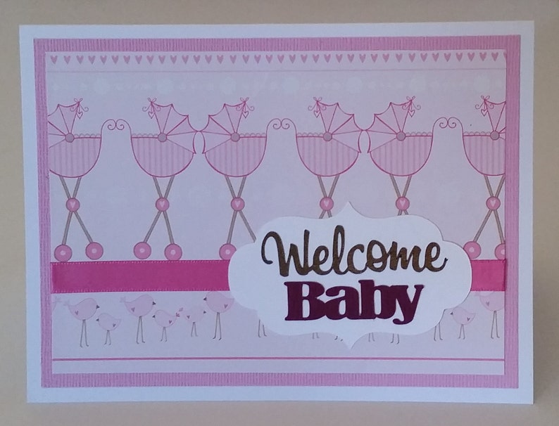 pink /& white Welcome Baby card CraftNinjaStudios blank inside