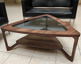 Handmade Walnut Coffee Table – Modern Triangular Wood Design , Tempered Glass Top