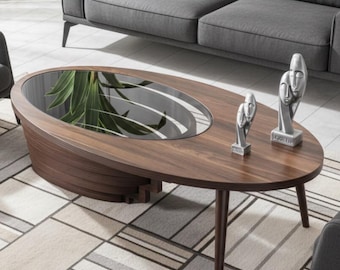 Handmade Walnut Coffee Table – Modern Spiral Wood Base Design with Tempered Glass Top, Luxury Living Room Center Table