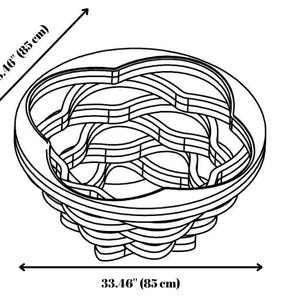 May include: A black and white line drawing of a decorative basket. The basket has a woven design, measuring 85 cm in diameter and 42 cm in height.
