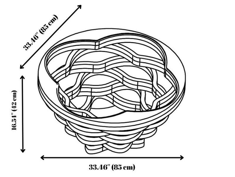 May include: A black and white line drawing of a decorative basket. The basket has a woven design, measuring 85 cm in diameter and 42 cm in height.