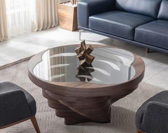 Handmade Walnut Coffee Table – Unique Spiral Wood Design with Tempered Glass Top, Modern Artisan Living Room Center Table